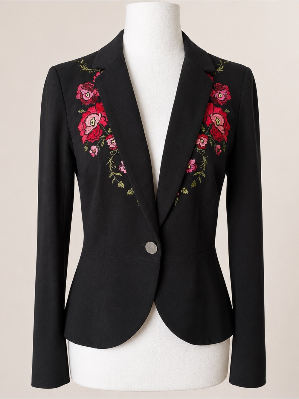 Y2K XOXO Floral Embroidered Fitted Blazer Black Pink Red Large